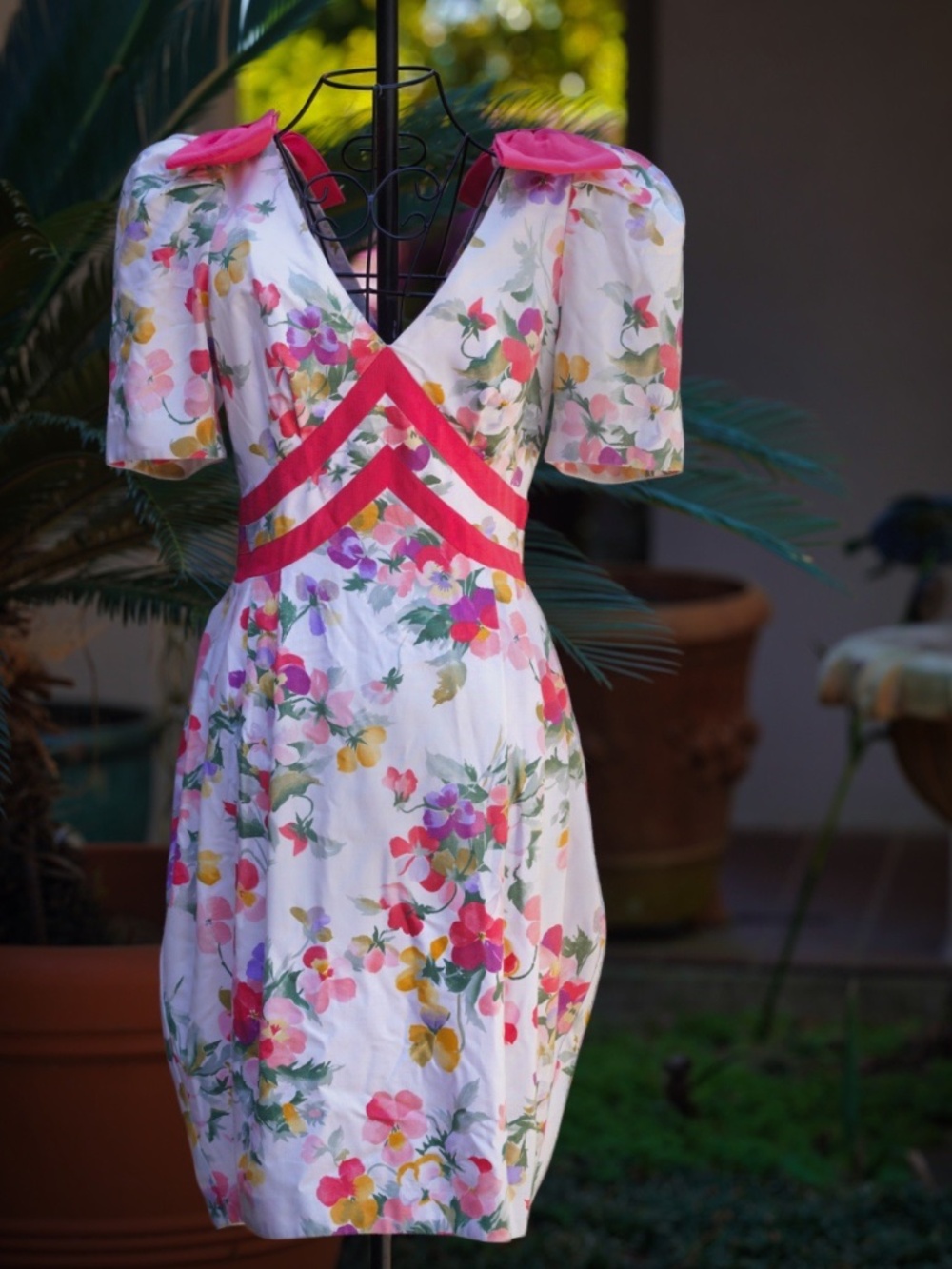 VTG 80s Ann Tobias Floral Puff Sleeve Dress - Hot Pink Bows - Size 4/6